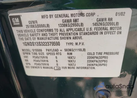 2002 Chevrolet Trailblazer Ls z USA, uszkodzony, nr VIN 1GNDS13S322379590